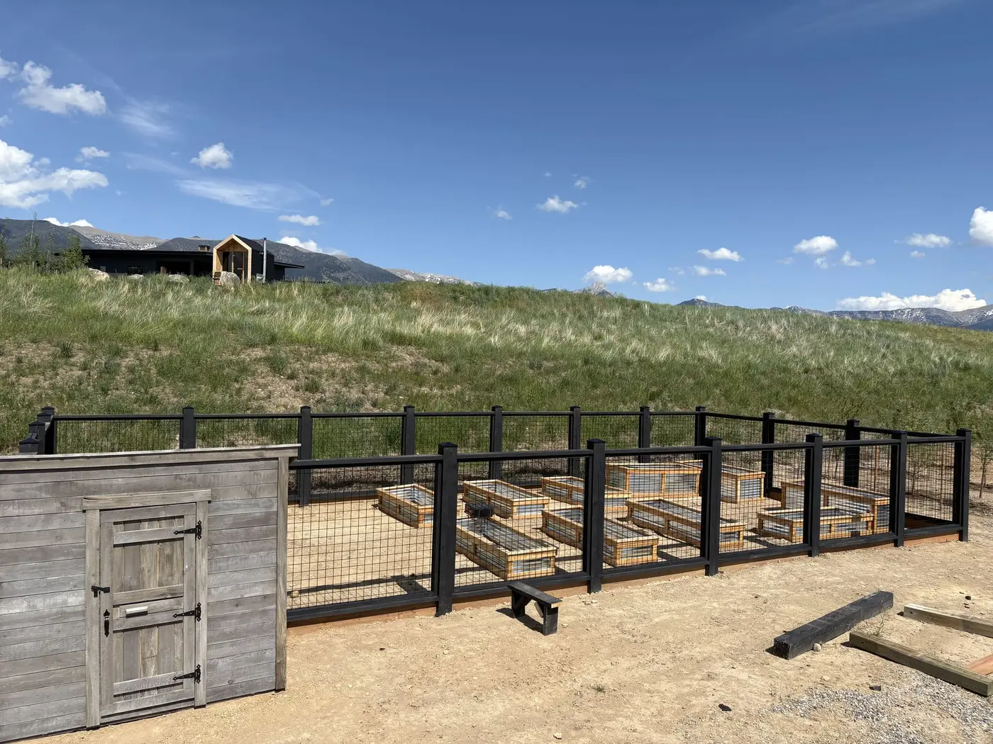 Raised cedar and steel garden beds inside the enclosure