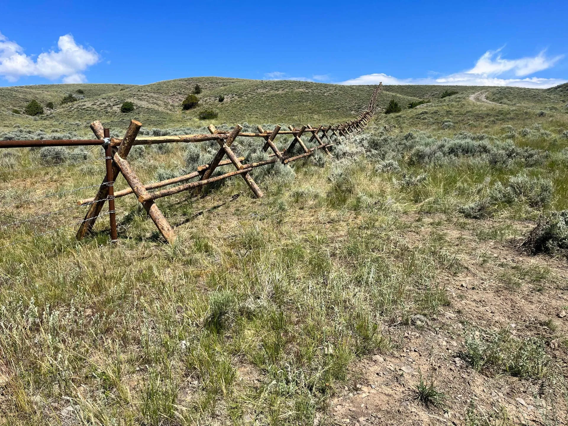 Bark-on jackleg fence crossing uneven Montana ground