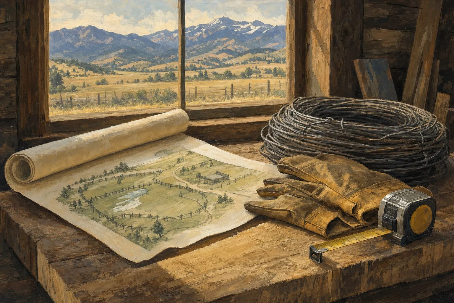 Conceptual illustration of ranch project planning: site sketch, fence wire, gloves and tape measure on rough lumber