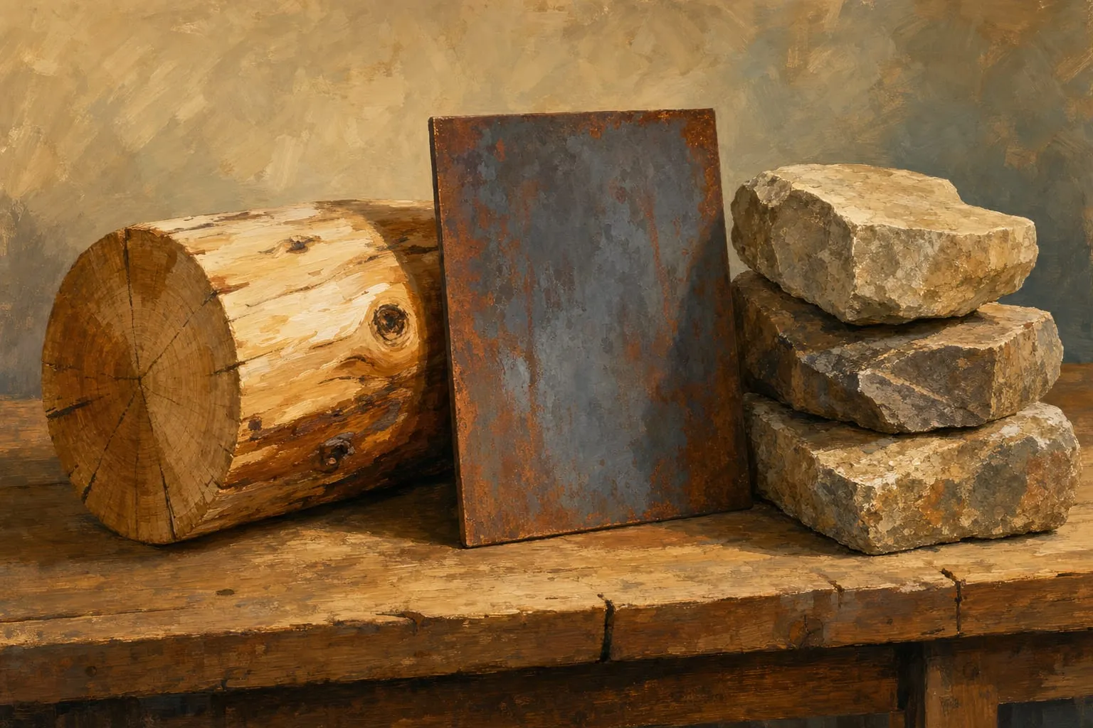 Conceptual illustration of the three ranch entrance material families: log timber, weathered steel, and natural stone