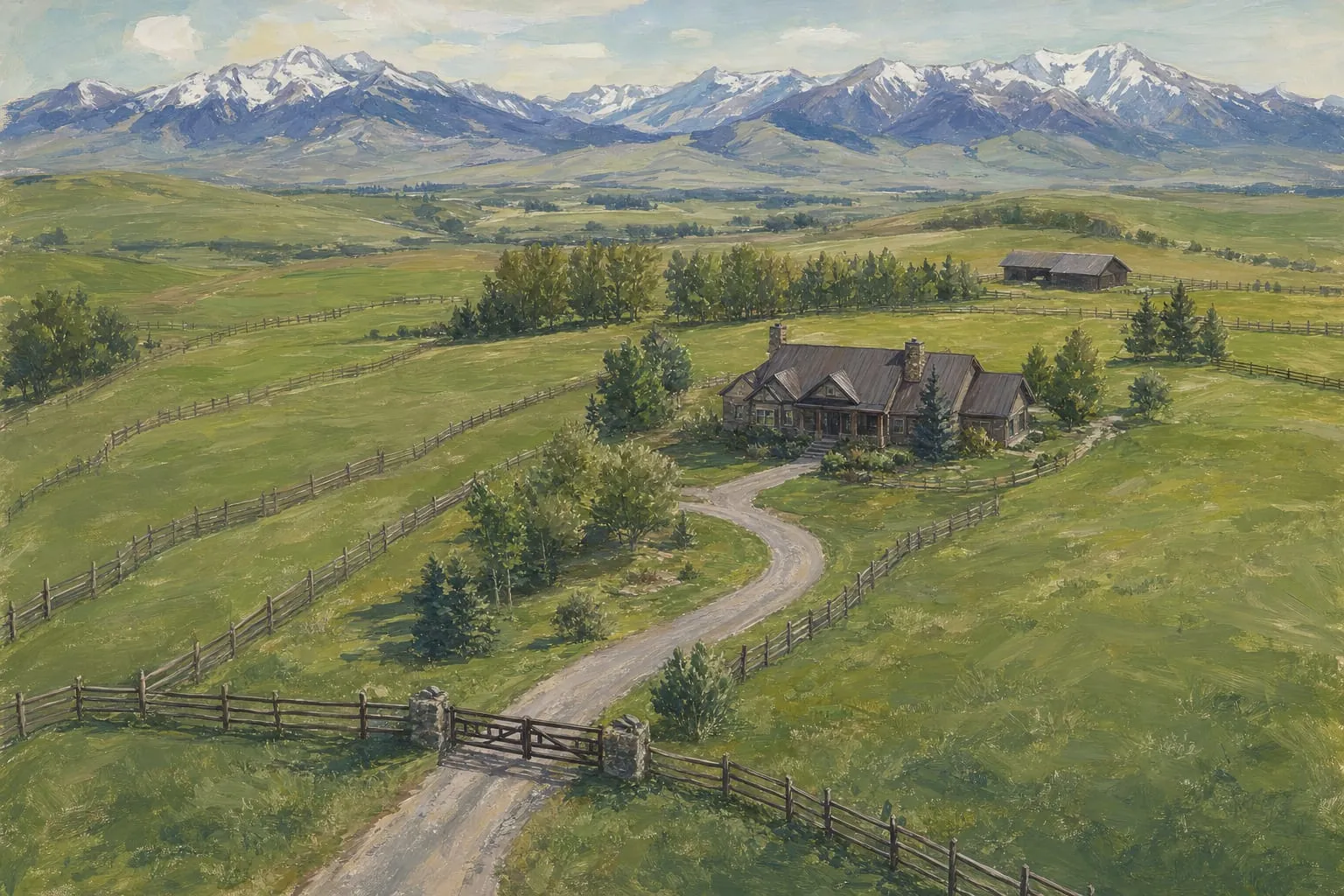 Conceptual illustration of a ranch property with fence lines, pastures, and a driveway gate
