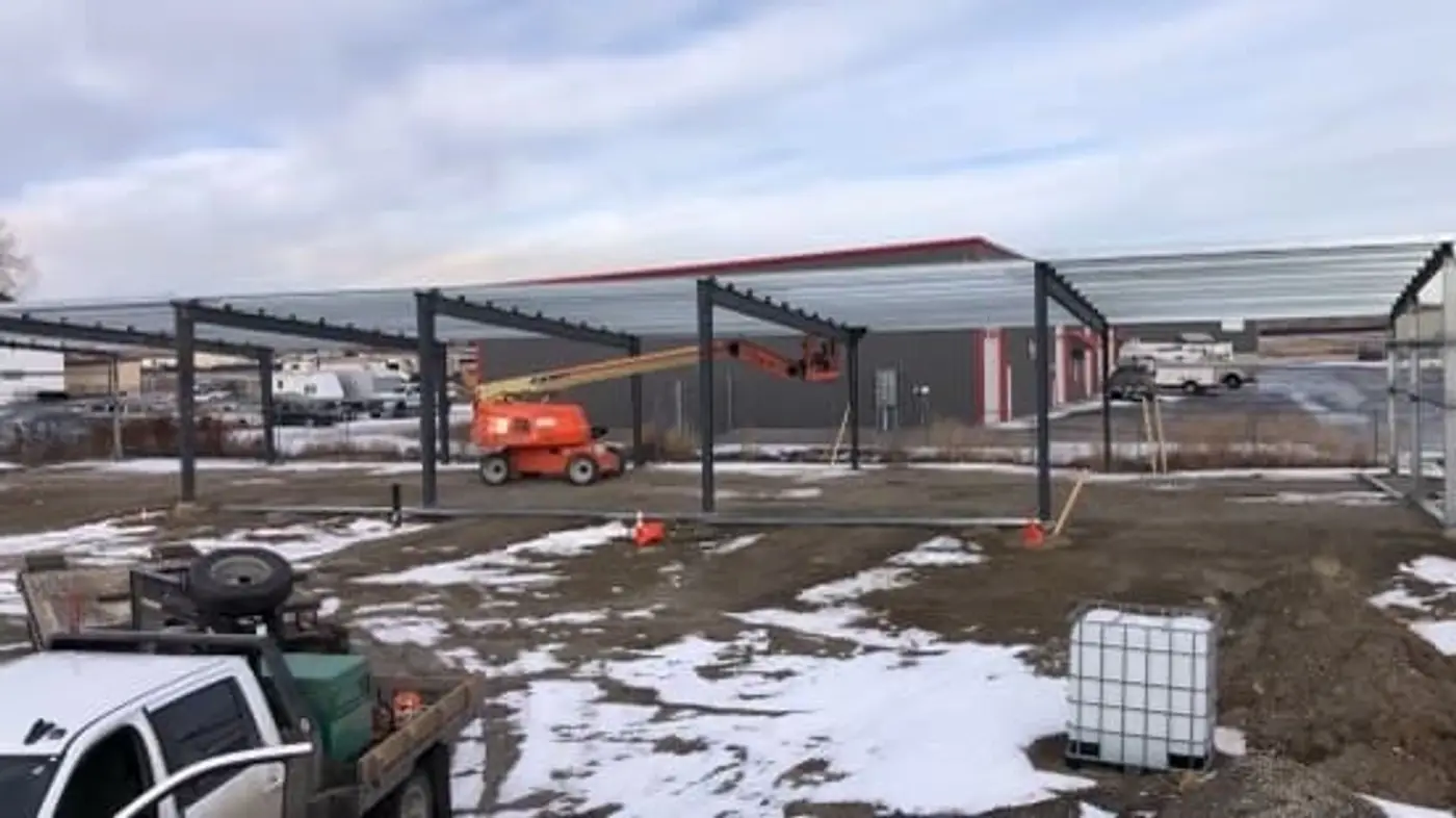 Pole barn construction on a Montana ranch